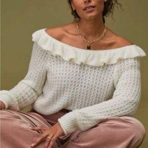 Anthropologie White Ruffle Off-Shoulder Open Knit Sweater Cottagecore Romantic M